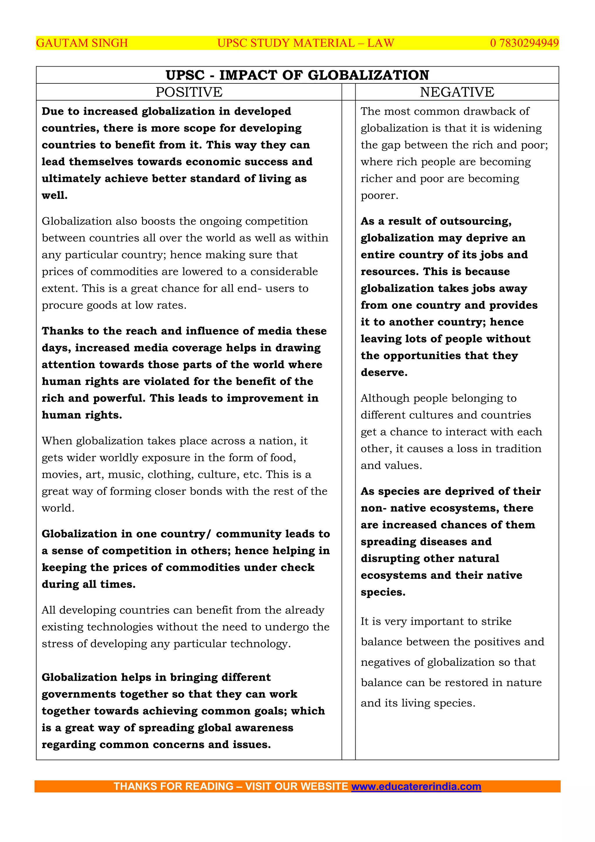Upsc impact of globalization | PDF