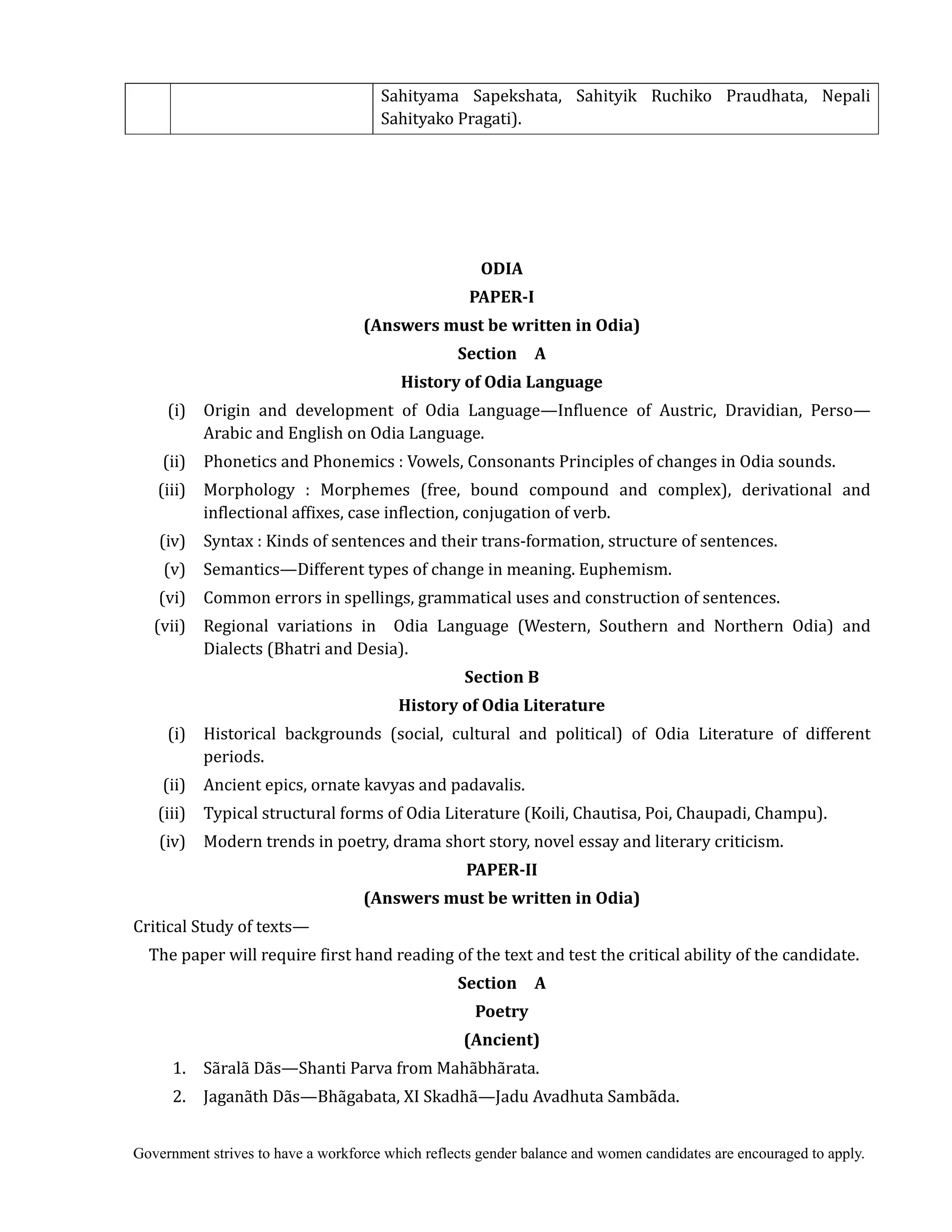 Government strives to have a workforce which reflects gender balance and women candidates are encouraged to apply.
Sahityama Sapekshata, Sahityik Ruchiko Praudhata, Nepali
Sahityako Pragati).
	
	
	
	
ODIA	
PAPER‐I	
(Answers	must	be	written	in	Odia)	
Section	 	 A	
History	of	Odia	Language	
(i) Origin and development of Odia Language—Influence of Austric, Dravidian, Perso—
Arabic and English on Odia Language.
(ii) Phonetics and Phonemics : Vowels, Consonants Principles of changes in Odia sounds.
(iii) Morphology : Morphemes (free, bound compound and complex), derivational and
inflectional affixes, case inflection, conjugation of verb.
(iv) Syntax : Kinds of sentences and their trans-formation, structure of sentences.
(v) Semantics—Different types of change in meaning. Euphemism.
(vi) Common errors in spellings, grammatical uses and construction of sentences.
(vii) Regional variations in Odia Language (Western, Southern and Northern Odia) and
Dialects (Bhatri and Desia).
Section	B	
History	of	Odia	Literature
(i) Historical backgrounds (social, cultural and political) of Odia Literature of different
periods.
(ii) Ancient epics, ornate kavyas and padavalis.
(iii) Typical structural forms of Odia Literature (Koili, Chautisa, Poi, Chaupadi, Champu).
(iv) Modern trends in poetry, drama short story, novel essay and literary criticism.	
PAPER‐II	
(Answers	must	be	written	in	Odia)	
Critical Study of texts—
The paper will require first hand reading of the text and test the critical ability of the candidate.
Section	 	 A	
Poetry	
(Ancient)	
	 1. Sãralã Dãs—Shanti Parva from Mahãbhãrata.
2. Jaganãth Dãs—Bhãgabata, XI Skadhã—Jadu Avadhuta Sambãda.	
 
