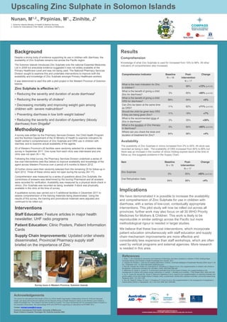 Upscaling Zinc Sulphate in Solomon Islands
Nunan, M1,2., Pirpinias, M1., Zinihite, J1
1. Solomon Islands Ministry of Health & Medical Services
2. Centre for International Child Health, University of Melbourne




    Background                                                                                                                   Results
    Despite a strong body of evidence supporting its use in children with diarrhoea, the                                         Comprehension
    availability of Zinc Sulphate remains low across the Pacific region.
                                                                                                                                 Knowledge of what Zinc Sulphate is used for increased from 16% to 88%. All other
    The Solomon Islands introduced Zinc Sulphate onto the national Essential Medicines                                           indicators of comprehension also increased.
    List in 2009 but anecdotal evidence suggested it was not widely available at the
    Primary Healthcare Level and was not being used. The National Pharmacy Services
    Division sought to examine this and undertake interventions to improve both the                                               Comprehension Indicator!                                                  Baseline!                                        Post-          Change!
    availability and knowledge of Zinc Sulphate amongst Primary Healthcare workers.                                                                                                                          N = 19!                                     intervention!
    It was determined to start this with a pilot project in the Western Province of Solomon                                                                                                                                                                 N = 17!
    Islands.                                                                                                                      What is the main indication for Zinc
                                                                                                                                                                                                                        16%!                                 88%!        +72% (p<0.05)!
    Zinc Sulphate is effective                          in1:                                                                      in children? !
                                                                                                                                  What is the beneﬁt of giving a child
    •  Reducing the severity and duration of acute diarrhoea2                                                                                                                                                              5%!                               65%!        +60% (p<0.05)!
                                                                                                                                  Zinc for diarrhoea? !
                                                                                                                                  What is the beneﬁt of giving a child
    •  Reducing the severity of cholera3                                                                                          ORS for diarrhoea?!
                                                                                                                                                                                                                        89%!                                 94%!             +5%!

    •  Decreasing mortality and improving weight gain among                                                                       Can Zinc be taken at the same time
                                                                                                                                                                                                                         11%!                                82%!        +71% (p<0.05)!
    children with severe malnutrition4                                                                                            as ORS?!
                                                                                                                                  Should the child be given less ORS
                                                                                                                                                                                                                         11%!                                18%!             +7%!
    •  Preventing diarrhoea in low birth weight babies5                                                                           if they are being given Zinc?!
                                                                                                                                  What is the recommended dose of
    •  Reducing the severity and duration of dysentery (bloody                                                                    Zinc in diarrhoea?!
                                                                                                                                                                                                                           5%!                               35%!            +30%!
    diarrhoea) from Shigella6                                                                                                     What is the duration of Zinc therapy
                                                                                                                                                                                                                           0%!                               65%!        +65% (p<0.05)!
    Methodology                                                                                                                   in diarrhoea?!
                                                                                                                                  Where can you check the dose and
                                                                                                                                                                                                                        84%!                                 88%!             +4%!
    A survey was written by the Pharmacy Services Division, the Child Health Program                                              duration of treatment for Zinc? !
    and the Nutrition Department of the SI Ministry of Health to examine indicators for
    health worker’s comprehension of Zinc Sulphate and ORS use in children with                                                   Availability
    diarrhea; and to examine actual availability of the agents.
                                                                                                                                  The availability of Zinc Sulphate in clinics increased from 0% to 65%. All stock was
    20 of Western Province’s 45 facilities were randomly selected for a baseline data                                             recorded as being in date. The availability of ORS increased from 84% to 88% but
    survey in September 2011. One nurse from each clinic was interviewed and one                                                  there was an increase in the number of clinics holding expired stock at the time of
    clinic was not open (N = 19)                                                                                                  follow-up; this suggests problems in the Supply Chain.
    Following the initial survey, the Pharmacy Services Division undertook a series of
    low-cost interventions (see Box below) to improve availability and knowledge of the                                           Item!                                                                  Baseline!                                           Post-         Change!
    agent across Western Province over a period of 6 months to March 2012.                                                                                                                                N = 19!                                        intervention!
    20 further clinics were then randomly selected from the remaining 25 for follow-up in                                                                                                                                                                   N = 17!
    April 2012. Three of these clinics were not open during the survey (N= 17).                                                   Zinc Sulphate!
                                                                                                                                                                                                                        0%!                                  65%!        +65% (p<0.05)!
    Comprehension was measured by a series of questions about Zinc Sulphate; the
    correctness of answers was determined by the touring Pharmacist and all answers                                               Oral Rehydration Salts!
                                                                                                                                                                                                                     84%!                                    88%!            +4%!
    were recorded for verification. Availability was measured by a physical stock-check in
    clinics. Zinc Sulphate was recorded as being ‘available’ if stock was physically
    available in the clinic at the time of survey.
    A qualitative survey was carried out in 5 additional facilities in December 2011 to
                                                                                                                                 Implications
    assess comprehension of the training materials being disseminated. Using the                                                 We have demonstrated it is possible to increase the availability
    results of this survey, the training and promotional materials were adjusted and
    continued to be rolled out.
                                                                                                                                 and comprehension of Zinc Sulphate for use in children with
                                                                                                                                 diarrhoea, with a series of low-cost, contextually appropriate
    Interventions                                                                                                                interventions. This pilot study will now be rolled out across all
                                                                                                                                 provinces; further work may also focus on all 30 WHO Priority
    Staff Education: Feature articles in major health                                                                            Medicines for Mothers & Children. This work is likely to be
    newsletter, UHF radio programs                                                                                               reproducible in similar settings across the Pacific but more
                                                                                                                                 methodological rigour is needed in larger studies.
    Patient Education: Clinic Posters, Patient Information
    Cards                                                                                                                        We believe that these low-cost interventions, which incorporate
                                                                                                                                 patient education simultaneously with staff education and supply
    Supply Chain Improvements: Updated order sheets                                                                              chain mechanism improvements are more effective and
    disseminated, Provincial Pharmacy supply staff                                                                               considerably less expensive than staff workshops, which are often
    briefed on the importance of Zinc                                                                                            used by vertical programs and external agencies. More research
                                                                                                                                 is needed in this area.

                                                                                                                                  References
                                                                                                                                  1. Duke, T. Zinc Sulphate for prevention and treatment of diarrhoea, and other conditions in children in PNG, Briefing Paper,
                                                                                                                                  Compass Women and Children’s Health Knowledge Hub, AusAID, 2011
                                                                                                                                  2. Lazzerini M, Ronfani L. Oral zinc for treating diarrhoea in children. Cochrane Database of Systematic Reviews 2008; Issue 3. Art.
                                                                                                                                  No.: CD005436. DOI: 10.1002/14651858.CD005436.pub2.
                                                                                                                                  3. Roy SK, Hossain MJ, Khatun W, Chakraborty B, Chowdhury S, Begum A et al. Zinc supplementation in children with cholera in
                                                                                                                                  Bangladesh: randomised controlled trial. Brit Med J 2008; 336(7638):266-268.
                                                                                                                                  4. Makonnen B, Venter A, Joubert G. A randomized controlled study of the impact of dietary zinc supplementation in the
                                                                                                                                  management of children with protein-energy malnutrition in Lesotho. I: Mortality and morbidity. J Trop Pediatr 2003; 49(6):340-352.
                                                                                                                                  5. Sur D, Gupta DN, Mondal SK, Ghosh S, Manna B, Rajendran K et al. Impact of zinc supplementation on diarrheal morbidity and
                                                                                                                                  growth pattern of low birth weight infants in kolkata, India: a randomized, double-blind, placebo-controlled, community-based study.
                                                                                                                                  Pediatrics 2003; 112:1327-1332.
                                                                                                                                  6. Roy SK, Raqib R, Khatun W, Azim T, Chowdhury R, Fuchs GJ et al. Zinc supplementation in the management of shigellosis in
                                                                                                                                  malnourished children in Bangladesh. Eur J Clin Nutr 2008; 62(7):849-855.

                              Survey tours in Western Province, Solomon Islands



   Acknowledgements
   The Centre for International Child Health (CICH) is a World Health Organization Collaborating Centre for Child and Neonatal
   Health, and along with the Burnet Institute and the Menzies School of Health Research makes up the Women’s and Children’s                                                                                   Burnet Institute


   Health Knowledge Hub. This research has been funded by AusAID. The views represented are not necessarily those of AusAID or
                                                                                                                                                                                        Centre for International Child Health, University of Melbourne
                                                                                                                                                                                                      Menzies School of Health Research




   the Australian Government. We acknowledge WHO and UNFPA for supporting our attendance at APCNMP 2012.
   Contact: michael.nunan@rch.org.au
   Centre for International Child Health, University of Melbourne,                                                                                                               KNOWLEDGE HUBS FOR HEALTH
   Royal Children’s Hospital, Flemington Rd, Parkville Australia 3052.                                                                                        STRENGTHENING HEALTH SYSTEMS THROUGH EVIDENCE IN ASIA AND THE PACIFIC
 