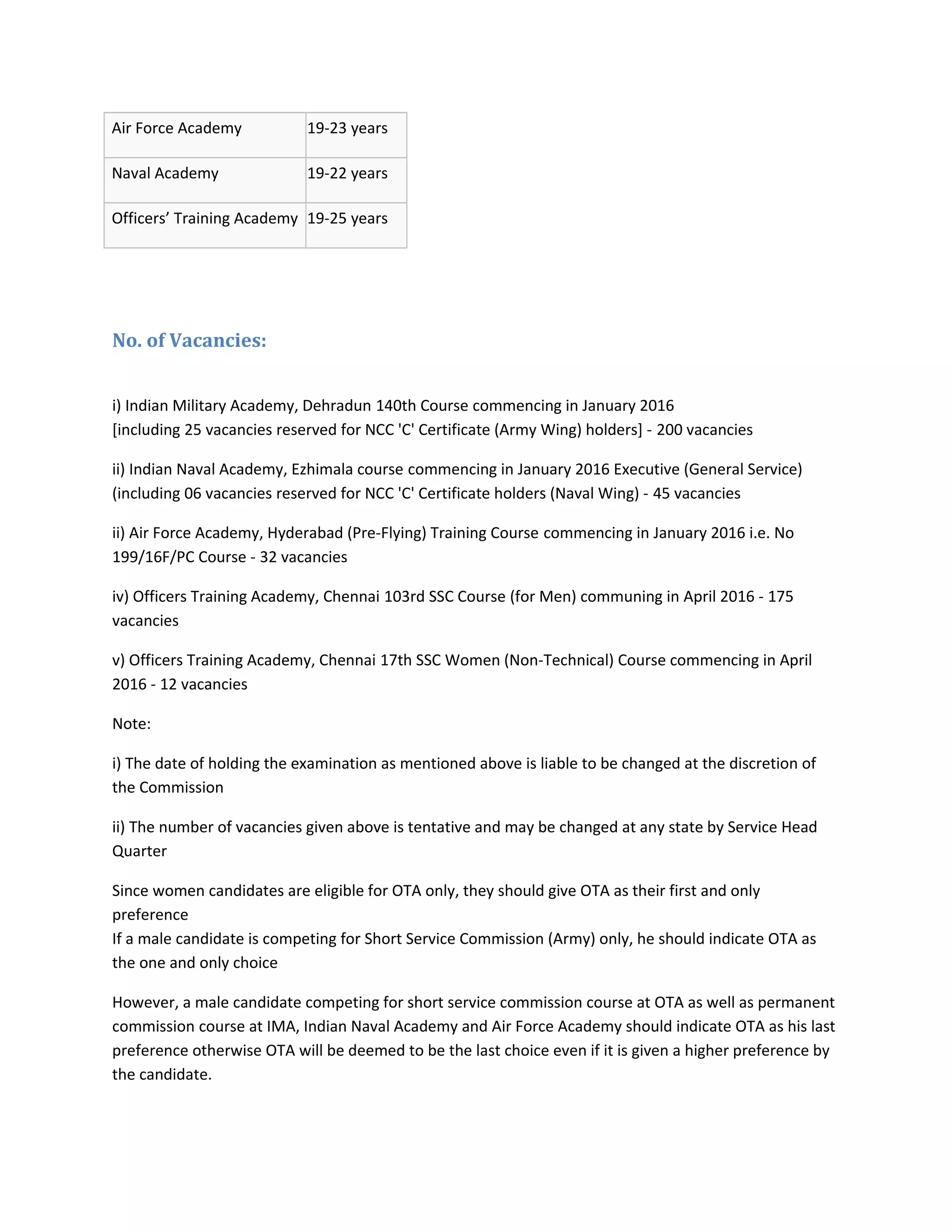 Air Force Academy 19-23 years
Naval Academy 19-22 years
Officers’ Training Academy 19-25 years
No. of Vacancies:
i) Indian Military Academy, Dehradun 140th Course commencing in January 2016
[including 25 vacancies reserved for NCC 'C' Certificate (Army Wing) holders] - 200 vacancies
ii) Indian Naval Academy, Ezhimala course commencing in January 2016 Executive (General Service)
(including 06 vacancies reserved for NCC 'C' Certificate holders (Naval Wing) - 45 vacancies
ii) Air Force Academy, Hyderabad (Pre-Flying) Training Course commencing in January 2016 i.e. No
199/16F/PC Course - 32 vacancies
iv) Officers Training Academy, Chennai 103rd SSC Course (for Men) communing in April 2016 - 175
vacancies
v) Officers Training Academy, Chennai 17th SSC Women (Non-Technical) Course commencing in April
2016 - 12 vacancies
Note:
i) The date of holding the examination as mentioned above is liable to be changed at the discretion of
the Commission
ii) The number of vacancies given above is tentative and may be changed at any state by Service Head
Quarter
Since women candidates are eligible for OTA only, they should give OTA as their first and only
preference
If a male candidate is competing for Short Service Commission (Army) only, he should indicate OTA as
the one and only choice
However, a male candidate competing for short service commission course at OTA as well as permanent
commission course at IMA, Indian Naval Academy and Air Force Academy should indicate OTA as his last
preference otherwise OTA will be deemed to be the last choice even if it is given a higher preference by
the candidate.
 