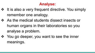 Plutus IAS
Analyse:
❖ It is also a very frequent directive. You simply
remember one analogy.
❖ As the medical students dissect insects or
human organs in their laboratories so you
analyse a problem.
❖ You go deeper, you want to see the inner
meanings.
 