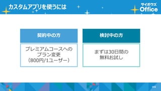 102
カスタムアプリを使うには
契約中の方 検討中の方
まずは30日間の
無料お試し
プレミアムコースへの
プラン変更
（800円/1ユーザー）
 