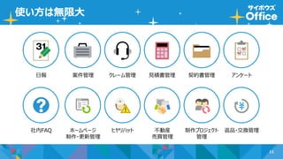 11
日報 案件管理 クレーム管理 見積書管理 契約書管理 アンケート
社内FAQ ホームページ
制作・更新管理
ヒヤリハット 不動産
売買管理
制作プロジェクト
管理
返品・交換管理
使い方は無限大
 