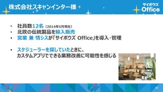 15
株式会社スキャンインター様
• 社員数12名（2014年5月現在）
• 北欧の伝統製品を輸入販売
• 営業 兼 情シスが「サイボウズ Office」を導入・管理
• スケジューラーを探していたときに、
カスタムアプリでできる業務改善に可能性を感じる
 