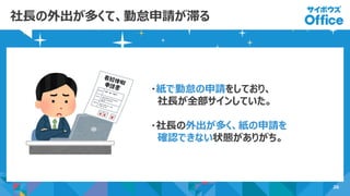 26
社長の外出が多くて、勤怠申請が滞る
・紙で勤怠の申請をしており、
社長が全部サインしていた。
・社長の外出が多く、紙の申請を
確認できない状態がありがち。
 