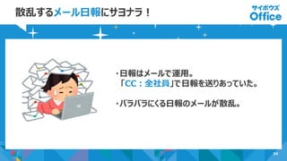 34
散乱するメール日報にサヨナラ！
・日報はメールで運用。
「CC：全社員」で日報を送りあっていた。
・バラバラにくる日報のメールが散乱。
 