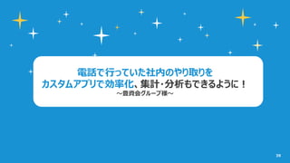 39
電話で行っていた社内のやり取りを
カスタムアプリで効率化、集計・分析もできるように！
〜豊資会グループ様〜
 