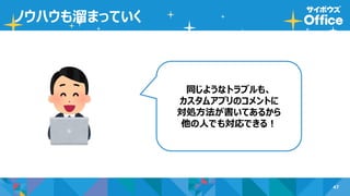 47
ノウハウも溜まっていく
同じようなトラブルも、
カスタムアプリのコメントに
対処方法が書いてあるから
他の人でも対応できる！
 