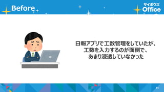 81
Before
日報アプリで工数管理をしていたが、
工数を入力するのが面倒で、
あまり浸透していなかった
 