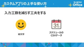 98
入力工数を減らす工夫をする
カスタムアプリの上手な使い方
スケジュールの
CSVデータ
絵文字
 