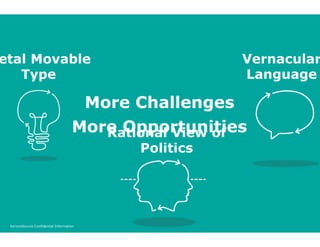 ServiceSource Confidential 1 Information 
Rational View of 
Politics 
Metal Movable 
Type 
Vernacular 
Language 
More Challenges 
More Opportunities 
 