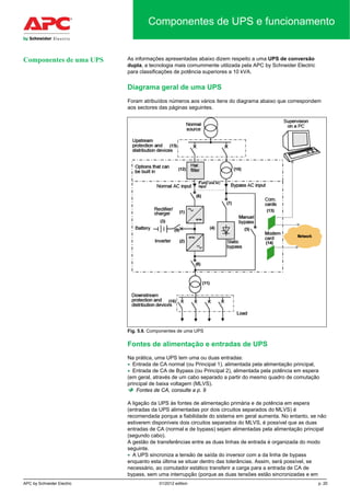 APC by Schneider Electric 01/2012 edition p. 20
Componentes de UPS e funcionamento
As informações apresentadas abaixo dizem respeito a uma UPS de conversão
dupla, a tecnologia mais comummente utilizada pela APC by Schneider Electric
para classificações de potência superiores a 10 kVA.
Diagrama geral de uma UPS
Foram atribuídos números aos vários itens do diagrama abaixo que correspondem
aos sectores das páginas seguintes.
Fig. 5.6. Componentes de uma UPS
Fontes de alimentação e entradas de UPS
Na prática, uma UPS tem uma ou duas entradas:
• Entrada de CA normal (ou Principal 1), alimentada pela alimentação principal,
• Entrada de CA de Bypass (ou Principal 2), alimentada pela potência em espera
(em geral, através de um cabo separado a partir do mesmo quadro de comutação
principal de baixa voltagem (MLVS).
 Fontes de CA, consulte a p. 9
A ligação da UPS às fontes de alimentação primária e de potência em espera
(entradas da UPS alimentadas por dois circuitos separados do MLVS) é
recomendada porque a fiabilidade do sistema em geral aumenta. No entanto, se não
estiverem disponíveis dois circuitos separados do MLVS, é possível que as duas
entradas de CA (normal e de bypass) sejam alimentadas pela alimentação principal
(segundo cabo).
A gestão de transferências entre as duas linhas de entrada é organizada do modo
seguinte.
• A UPS sincroniza a tensão de saída do inversor com a da linha de bypass
enquanto esta última se situar dentro das tolerâncias. Assim, será possível, se
necessário, ao comutador estático transferir a carga para a entrada de CA de
bypass, sem uma interrupção (porque as duas tensões estão sincronizadas e em
Componentes de uma UPS
 
