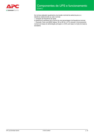 APC by Schneider Electric 01/2012 edition p. 32
Componentes de UPS e funcionamento
(Cont.)
As normas estipulam igualmente uma tensão nominal de saída de pico e a
tolerância relativamente ao valor nominal.
• Variação de frequência de saída
A tolerância é expressa sob a forma de uma percentagem da frequência nominal.
 Exemplo: Para uma MGE Galaxy, 50 ou 60 Hz ± 0,1% durante o funcionamento
normal com base em alimentação principal e ± 0,5% com base no modo de reserva
da bateria.
 