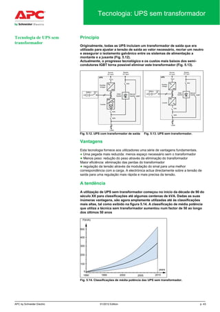 APC by Schneider Electric 01/2012 Edition p. 43
Tecnologia: UPS sem transformador
Princípio
Originalmente, todas as UPS incluíam um transformador de saída que era
utilizado para ajustar a tensão de saída ao valor necessário, recriar um neutro
e assegurar o isolamento galvânico entre os sistemas de alimentação a
montante e a jusante (Fig. 5.12).
Actualmente, o progresso tecnológico e os custos mais baixos dos semi-
condutores IGBT torna possível eliminar este transformador (Fig. 5.13).
Normal
AC input
Rectifier
charger
UPS
Bypass
AC input
Q4S
Q1
Inverter
Q5N
K3N
Static
bypass
Battery QF1
Manual
bypass
Loads
Q3BP
Normal
AC input
Rectifier
charger
UPS
Bypass
AC input
Q4S
Q1
Inverter
Q5N
K3N
Static
bypass
Battery QF1
Manual
bypass
Loads
Q3BP
Fig. 5.12. UPS com transformador de saída Fig. 5.13. UPS sem transformador.
Vantagens
Esta tecnologia fornece aos utilizadores uma série de vantagens fundamentais.
● Uma pegada mais reduzida: menos espaço necessário sem o transformador
● Menos peso: redução do peso através da eliminação do transformador
Maior eficiência: eliminação das perdas do transformador
● regulação da tensão através da modulação do sinal para uma melhor
correspondência com a carga. A electrónica actua directamente sobre a tensão de
saída para uma regulação mais rápida e mais precisa da tensão.
A tendência
A utilização de UPS sem transformador começou no início da década de 90 do
século XX para classificações até algumas centenas de kVA. Dadas as suas
inúmeras vantagens, são agora amplamente utilizadas até às classificações
mais altas, tal como exibido na figura 5.14. A classificação de média potência
que utiliza a técnica sem transformador aumentou num factor de 50 ao longo
dos últimos 50 anos
100
400
P(kVA)
1990 1995 2000 2010
years
200
300
5
2005
500
Fig. 5.14. Classificações de média potência das UPS sem transformador.
Tecnologia de UPS sem
transformador
 