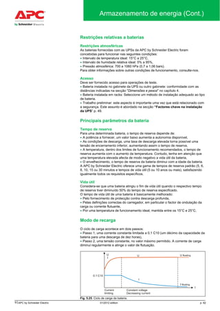 91APC by Schneider Electric 01/2012 edition p. 62
Armazenamento de energia (Cont.)
Restrições relativas a baterias
Restrições atmosféricas
As baterias fornecidas com as UPSs da APC by Schneider Electric foram
concebidas para funcionar nas seguintes condições:
• Intervalo de temperatura ideal: 15°C a 25°C,
• Intervalo de humidade relativa ideal: 5% a 95%,
• Pressão atmosférica: 700 a 1060 hPa (0,7 a 1,06 bars).
Para obter informações sobre outras condições de funcionamento, consulte-nos.
Acesso
Deve ser fornecido acesso para operações de teste.
• Bateria instalada no gabinete da UPS ou outro gabinete: conformidade com as
distâncias indicadas na secção "Dimensões e pesos" no capítulo 4.
• Bateria instalada em racks: Seleccione um método de instalação adequado ao tipo
de bateria.
• Trabalho preliminar: este aspecto é importante uma vez que está relacionado com
a segurança. Este assunto é abordado na secção “Factores chave na instalação
da UPS” p. 49.
Principais parâmetros da bateria
Tempo de reserva
Para uma determinada bateria, o tempo de reserva depende de:
• A potência a fornecer, um valor baixo aumenta a autonomia disponível,
• As condições de descarga, uma taxa de descarga elevada torna possível uma
tensão de encerramento inferior, aumentando assim o tempo de reserva,
• A temperatura, dentro dos limites de funcionamento recomendados, o tempo de
reserva aumenta com o aumento da temperatura. Contudo, tenha em atenção que
uma temperatura elevada afecta de modo negativo a vida útil da bateria,
• O envelhecimento, o tempo de reserva da bateria diminui com a idade da bateria.
A APC by Schneider Electric oferece uma gama de tempos de reserva padrão (5, 6,
8, 10, 15 ou 30 minutos e tempos de vida útil (5 ou 10 anos ou mais), satisfazendo
igualmente todos os requisitos específicos.
Vida útil
Considera-se que uma bateria atingiu o fim de vida útil quando o respectivo tempo
de reserva tiver diminuído 50% do tempo de reserva especificado.
O tempo de vida útil de uma bateria é basicamente melhorado:
• Pelo fornecimento de protecção contra descarga profunda,
• Pelas definições correctas do carregador, em particular o factor de ondulação da
carga ou corrente flutuante,
• Por uma temperatura de funcionamento ideal, mantida entre os 15°C e 25°C.
Modo de recarga
O ciclo de carga acontece em dois passos:
• Passo 1, uma corrente constante limitada a 0,1 C10 (um décimo da capacidade da
bateria para uma descarga de dez horas),
• Passo 2, uma tensão constante, no valor máximo permitido. A corrente de carga
diminui regularmente e atinge o valor de flutuação.
Fig. 5.25. Ciclo de carga da bateria.
 