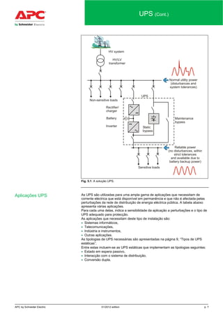 APC by Schneider Electric 01/2012 edition p. 7
UPS (Cont.)
HV/LV
transformer
HV system
Non-sensitive loads
Normal utility power
(disturbances and
system tolerances)
Static
bypass
Maintenance
bypass
Inverter
Battery
Rectifier/
charger
Sensitive loads
UPS
Reliable power
(no disturbances, within
strict tolerances
and available due to
battery backup power)
Fig. 5.1. A solução UPS.
As UPS são utilizadas para uma ampla gama de aplicações que necessitam de
corrente eléctrica que está disponível em permanência e que não é afectada pelas
perturbações da rede de distribuição de energia eléctrica pública. A tabela abaixo
apresenta várias aplicações.
Para cada uma delas, indica a sensibilidade da aplicação a perturbações e o tipo de
UPS adequado para protecção.
As aplicações que necessitam deste tipo de instalação são:
• Sistemas informáticos,
• Telecomunicações,
• Indústria e instrumentos,
• Outras aplicações.
As tipologias de UPS necessárias são apresentadas na página 9, “Tipos de UPS
estáticas”.
Entre estas incluem-se as UPS estáticas que implementam as tipologias seguintes:
• Estado em espera passivo,
• Interacção com o sistema de distribuição,
• Conversão dupla.
Aplicações UPS
 