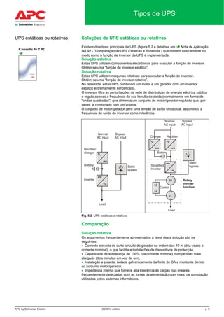APC by Schneider Electric 05/2012 edition p. 9
Tipos de UPS
Soluções de UPS estáticas ou rotativas
Existem dois tipos principais de UPS (figura 5.2 e detalhes em  Nota de Aplicação
NA 92 - "Comparação de UPS Estáticas e Rotativas") que diferem basicamente no
modo como a função de inversor da UPS é implementada.
Solução estática
Estas UPS utilizam componentes electrónicos para executar a função de inversor.
Obtém-se uma “função de inversor estático”.
Solução rotativa
Estas UPS utilizam máquinas rotativas para executar a função de inversor.
Obtém-se uma “função de inversor rotativo”.
Na realidade, estas UPS combinam um motor e um gerador com um inversor
estático extremamente simplificado.
O inversor filtra as perturbações da rede de distribuição de energia eléctrica pública
e regula apenas a frequência da sua tensão de saída (normalmente em forma de
"ondas quadradas") que alimenta um conjunto de motor/gerador regulado que, por
vezes, é combinado com um volante.
O conjunto de motor/gerador gera uma tensão de saída sinusoidal, assumindo a
frequência de saída do inversor como referência.
Fig. 5.2. UPS estáticas e rotativas
Comparação
Solução rotativa
Os argumentos frequentemente apresentados a favor desta solução são os
seguintes:
• Corrente elevada de curto-circuito do gerador na ordem dos 10 In (dez vezes a
corrente nominal), o que facilita a instalações de dispositivos de protecção,
• Capacidade de sobrecarga de 150% (da corrente nominal) num período mais
alargado (dois minutos em vez de um),
• Instalação a jusante, isolada galvanicamente da fonte de CA a montante devido
ao conjunto motor/gerador,
• Impedância interna que fornece alta tolerância às cargas não lineares
frequentemente detectadas com as fontes de alimentação com modo de comutação
utilizadas pelos sistemas informáticos.
UPS estáticas ou rotativas
Consulte WP 92

 