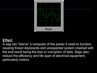 Effect
A sag can "starve" a computer of the power it need to function,
causing frozen keyboards and unexpected system crashed with
the end result being the loss or corruption of data. Sags also
reduce the efficiency and life span of electrical equipment,
particularly motors.
 