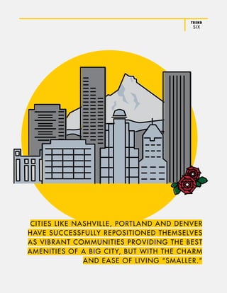 TREND
SIX
CITIES LIKE NASHVILLE, PORTLAND AND DENVER
HAVE SUCCESSFULLY REPOSITIONED THEMSELVES
AS VIBRANT COMMUNITIES PROVIDING THE BEST
AMENITIES OF A BIG CITY, BUT WITH THE CHARM
AND EASE OF LIVING “SMALLER.”
 