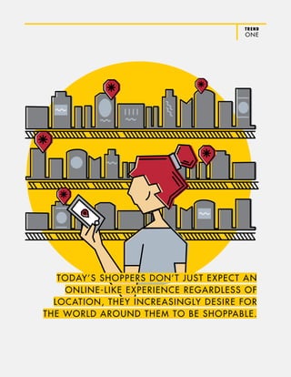 TREND
ONE
TODAY’S SHOPPERS DON’T JUST EXPECT AN
ONLINE-LIKE EXPERIENCE REGARDLESS OF
LOCATION, THEY INCREASINGLY DESIRE FOR
THE WORLD AROUND THEM TO BE SHOPPABLE.
TREND
ONE
 