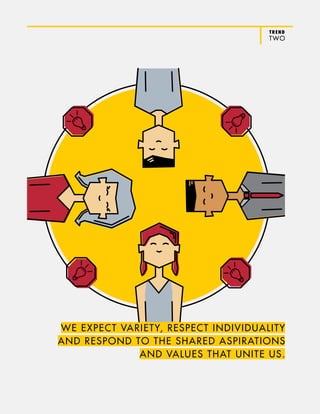TREND
ONE
WE EXPECT VARIETY, RESPECT INDIVIDUALITY
AND RESPOND TO THE SHARED ASPIRATIONS
AND VALUES THAT UNITE US.
TREND
TWO
 