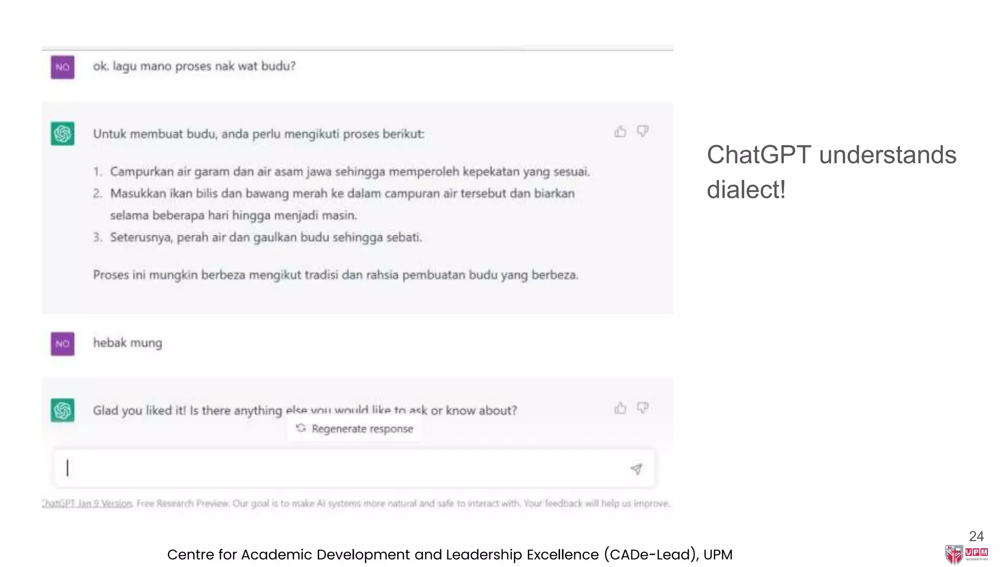 ChatGPT understands
dialect!
24
Centre for Academic Development and Leadership Excellence (CADe-Lead), UPM
 