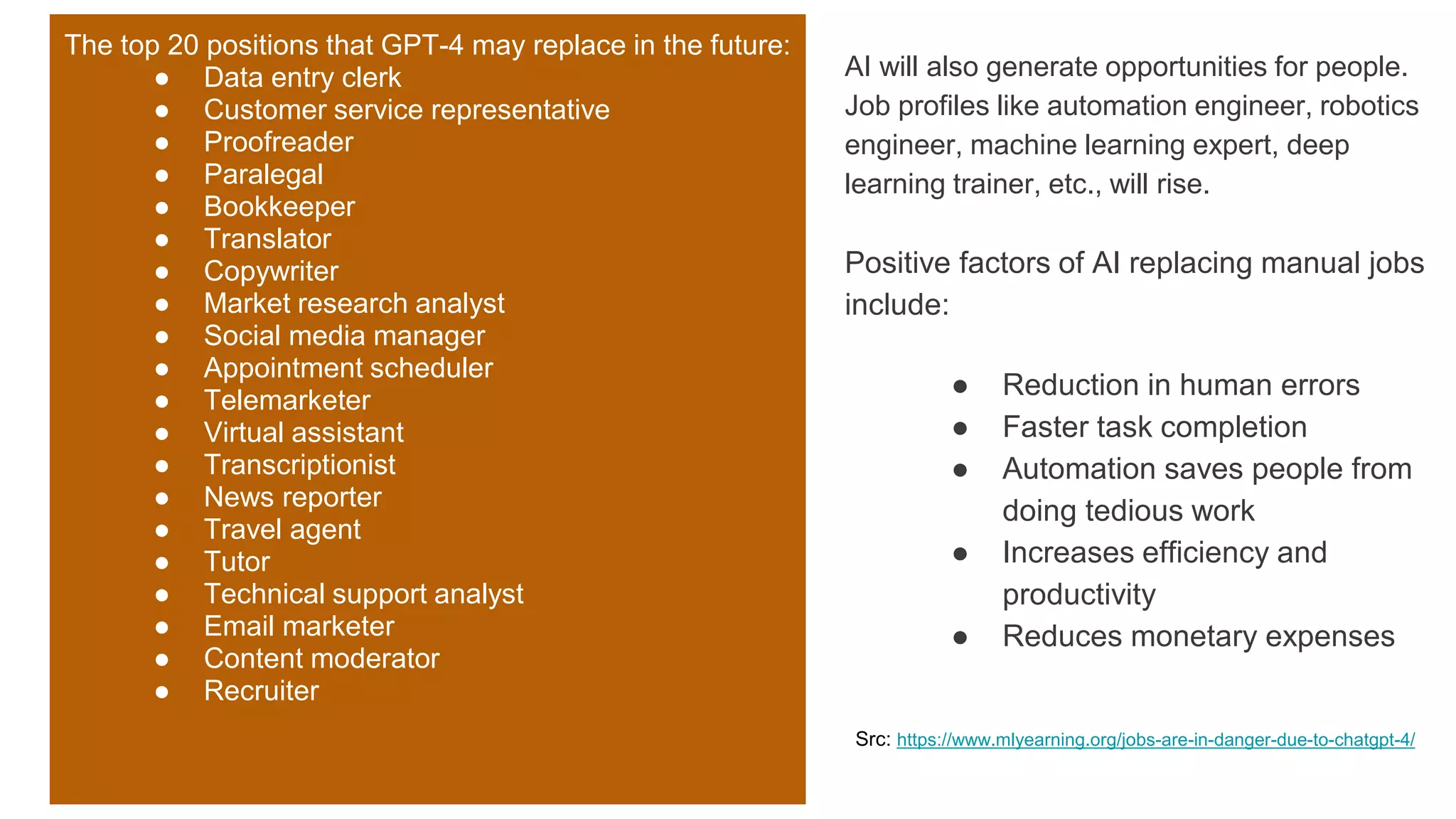 The top 20 positions that GPT-4 may replace in the future:
● Data entry clerk
● Customer service representative
● Proofreader
● Paralegal
● Bookkeeper
● Translator
● Copywriter
● Market research analyst
● Social media manager
● Appointment scheduler
● Telemarketer
● Virtual assistant
● Transcriptionist
● News reporter
● Travel agent
● Tutor
● Technical support analyst
● Email marketer
● Content moderator
● Recruiter
AI will also generate opportunities for people.
Job profiles like automation engineer, robotics
engineer, machine learning expert, deep
learning trainer, etc., will rise.
Positive factors of AI replacing manual jobs
include:
● Reduction in human errors
● Faster task completion
● Automation saves people from
doing tedious work
● Increases efficiency and
productivity
● Reduces monetary expenses
Src: https://www.mlyearning.org/jobs-are-in-danger-due-to-chatgpt-4/
 