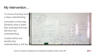 My intervention…
To ensure that they have
a deep understanding…
I provided a mind-map.
Students show a blank
face (indicates that they
still have low
understanding).
I probe further and
identify their
understanding is still low.
Centre for Academic Development and Leadership Excellence (CADe-Lead), UPM
 
