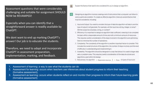 44
Assessment questions that were considerably
challenging and suitable for assignment SHOULD
NOW be REVAMPED!
Especially when you can identify that a
straightforward answer is readily available by
ChatGPT.
We dont want to end up marking ChatGPT’s
answer! Our job is to educate the students.
Therefore, we need to adapt and incorporate
ChatGPT in assessment preparation,
implementation, marking, and feedback.
1. Assessment of learning: a way to see what the students can do
2. Assessment for learning: occurs when teachers use inferences about student progress to inform their teaching
(formative assessment).
3. Assessment as learning: occurs when students reflect on and monitor their progress to inform their future learning goals
(formative assessment)
 