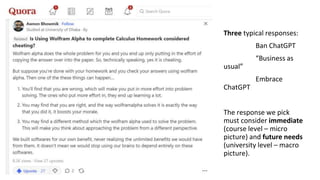 Three typical responses:
Ban ChatGPT
“Business as
usual”
Embrace
ChatGPT
The response we pick
must consider immediate
(course level – micro
picture) and future needs
(university level – macro
picture).
 