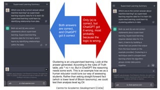 Centre for Academic Development (CADe)
Only (a) is
correct, but
ChatGPT got
it wrong, most
probably
because the
logic is wrong.
Both answers
are correct,
and ChatGPT
got it correct
Clustering is an unsupervised learning. Look at the
answer generated. According to the rules of Truth
table, yes ^ no = no. But in ChatGPT the reasoning
needs some work. This is an example how we as a
human educator could tune our way of assessing
students. Rather than asking straight forward fact
(which is lower level of Bloom taxonomy), we could
test their analysis level eg C4
53
 