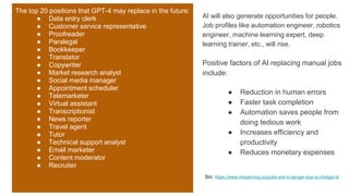 The top 20 positions that GPT-4 may replace in the future:
● Data entry clerk
● Customer service representative
● Proofreader
● Paralegal
● Bookkeeper
● Translator
● Copywriter
● Market research analyst
● Social media manager
● Appointment scheduler
● Telemarketer
● Virtual assistant
● Transcriptionist
● News reporter
● Travel agent
● Tutor
● Technical support analyst
● Email marketer
● Content moderator
● Recruiter
AI will also generate opportunities for people.
Job profiles like automation engineer, robotics
engineer, machine learning expert, deep
learning trainer, etc., will rise.
Positive factors of AI replacing manual jobs
include:
● Reduction in human errors
● Faster task completion
● Automation saves people from
doing tedious work
● Increases efficiency and
productivity
● Reduces monetary expenses
Src: https://www.mlyearning.org/jobs-are-in-danger-due-to-chatgpt-4/
 