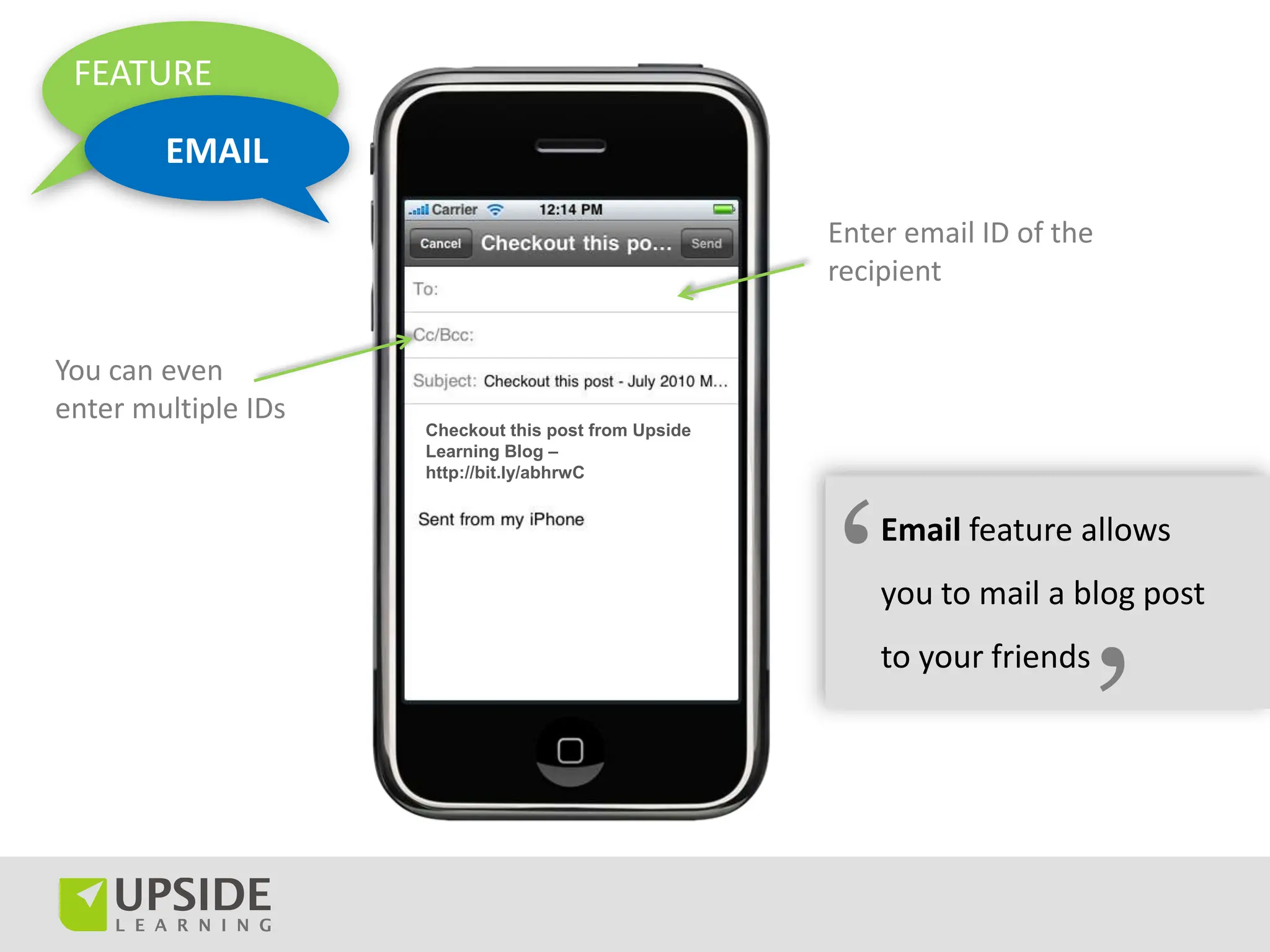 FEATURE

        EMAIL

                                                      Enter email ID of the
                                                      recipient


You can even
enter multiple IDs
                     Checkout this post from Upside
                     Learning Blog –
                     http://bit.ly/abhrwC




                                                      ‘   Email feature allows
                                                          you to mail a blog post



                                                                            ’
                                                          to your friends
 