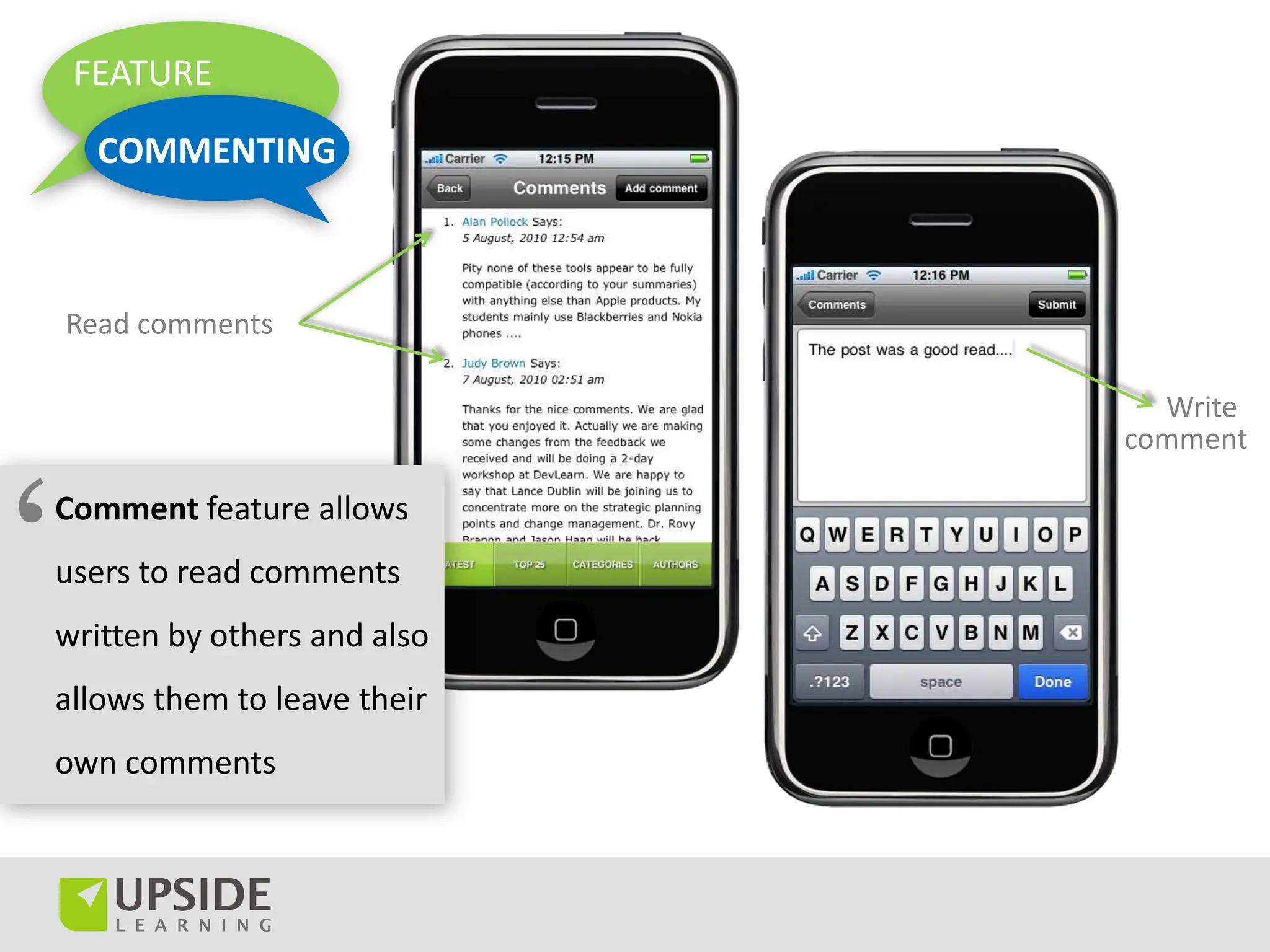 FEATURE

      COMMENTING



    Read comments

                                   Write
                                 comment



‘
    Comment feature allows
    users to read comments
    written by others and also
    allows them to leave their



                    ’
    own comments
 