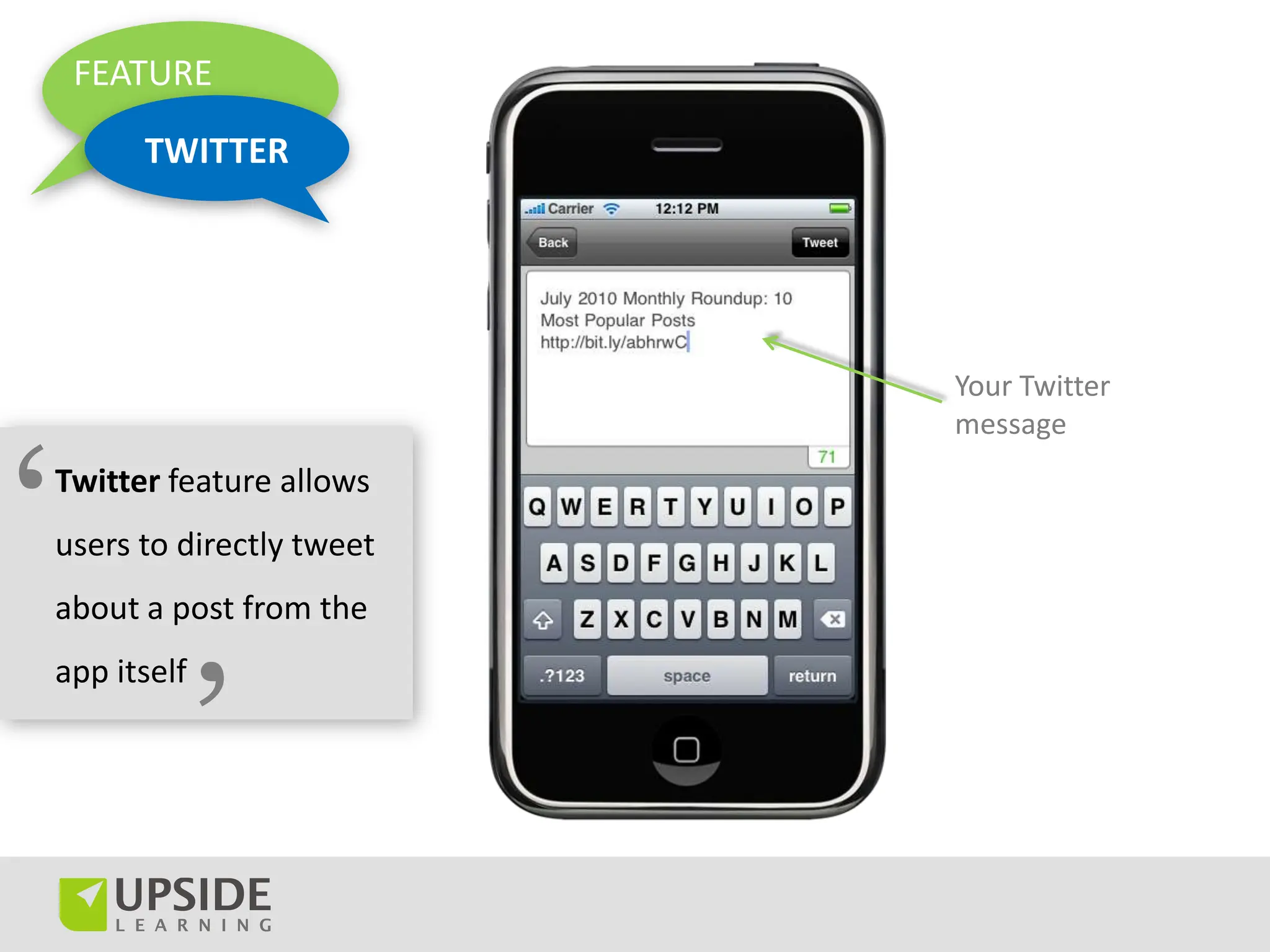 FEATURE

          TWITTER




                              Your Twitter
                              message



‘   Twitter feature allows
    users to directly tweet
    about a post from the



                 ’
    app itself
 