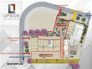 MASTERPLAN
ACESSO PEDESTRE
UP PLAZA
ESTACIONAMENTO
ACESSO VEÍCULO
SAÍDA
VEÍCULO
ACESSO PEDESDRE COBERTO
ACESSO PEDESDRE
UP PLAZA
 