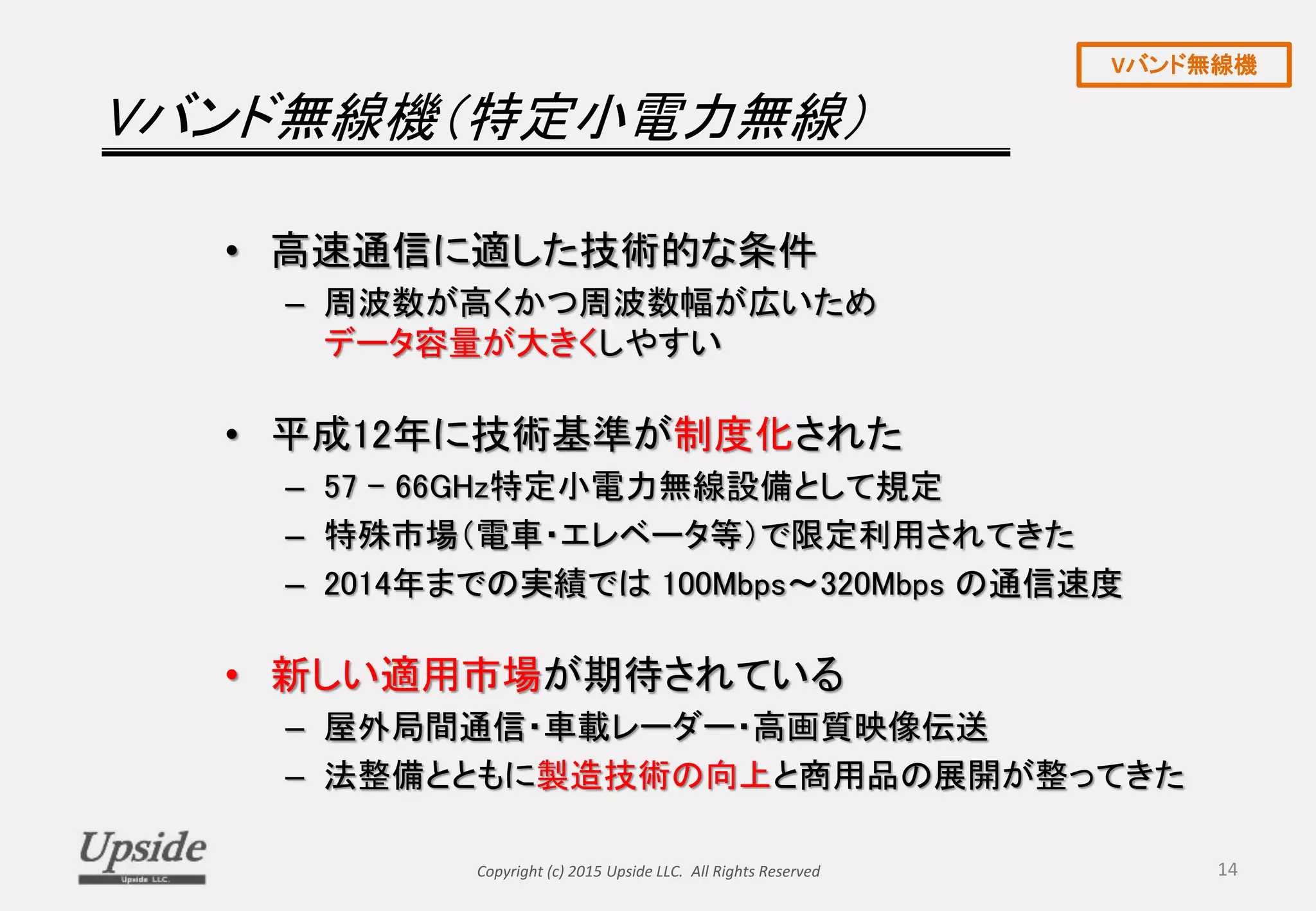 Vバンド無線機（特定小電力無線）
• 高速通信に適した技術的な条件
– 周波数が高くかつ周波数幅が広いため
データ容量が大きくしやすい
• 平成12年に技術基準が制度化された
– 57 – 66GHz特定小電力無線設備として規定
– 特殊市場（電車・エレベータ等）で限定利用されてきた
– 2014年までの実績では 100Mbps～320Mbps の通信速度
• 新しい適用市場が期待されている
– 屋外局間通信・車載レーダー・高画質映像伝送
– 法整備とともに製造技術の向上と商用品の展開が整ってきた
Copyright (c) 2015 Upside LLC. All Rights Reserved 14
Vバンド無線機
 