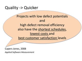 Quality -> Quicker
Capers Jones, 2008
Applied Software Measurement
Projects with low defect potentials
and
high defect removal efficiency
also have the shortest schedules,
lowest costs and
best customer satisfaction levels
 