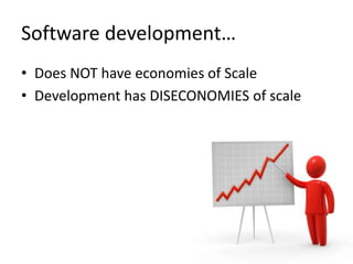Software development…
• Does NOT have economies of Scale
• Development has DISECONOMIES of scale
 