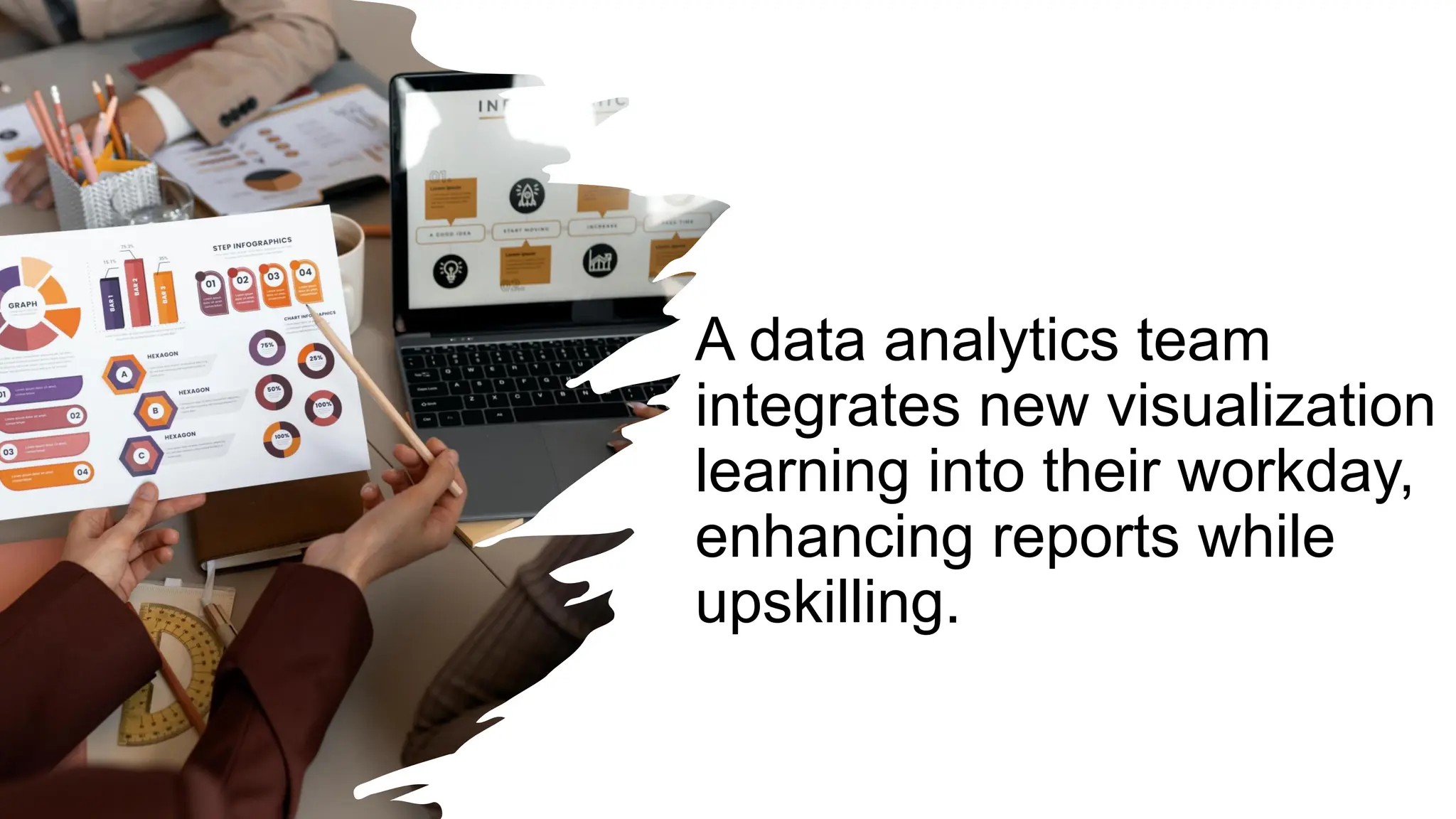 A data analytics team
integrates new visualization
learning into their workday,
enhancing reports while
upskilling.
 