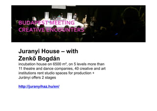 BUDAPEST 
MEETING 
CREATIVE 
ENCOUNTERS 
Juranyi House – with 
Zenkő Bogdán 
incubation house on 6500 m², on 5 levels more...