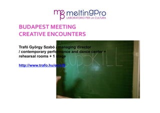 BUDAPEST 
MEETING 
CREATIVE 
ENCOUNTERS 
Trafó György Szabó / managing director 
/ contemporary performance and dance cent...