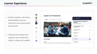 Learner Experience
➢ Simple navigation, with videos,
downloadable resources,
interactions and ongoing skills
assessments.
➢ Grading & percentage score
applied to each assignment.
Ability to retake also available.
 