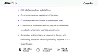 About US
200+ staff across three global offices.
Our shareholders are specialists in Education.
Our management team tenure is on average 4 years.
Our education team consists of industry and subject matter
experts who understand business requirements.
Our product and tech teams are innovative thinkers who
consistently evolve our bespoke platforming response to our
student needs.
> 20 million
learners
> 3000 hours
of content
Value &
outcome
 