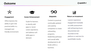 Outcome
Engagement
Offers learners the
ability to gain vital
practical skills in a
managed user
friendly environment.
Career Enhancement
Guide for learners
to identify skill
gaps to boost
career aspirations
and address soft
skills gaps in
demand.
Adaptable
Content is practical,
continually updated
and used by
companies to create
onboarding
programs,
leadership pathways
and overall skills
development to all
levels within a
business.
Return on Investment
Learner experience
engagement trackable
via skills assessment
with all learning hours
documented and
recorded on the
platform in real time for
quantifiable results.
 