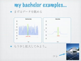 my bachelor examples...

          Monthly Data             Daily Data




                             240
    250
    240




                             230
    230




                             220
    220
E




                         E
                             210
    210




                             200
    200




          June 15th                  13:00
    190




                             190
              Day                     Hour




                         …
 