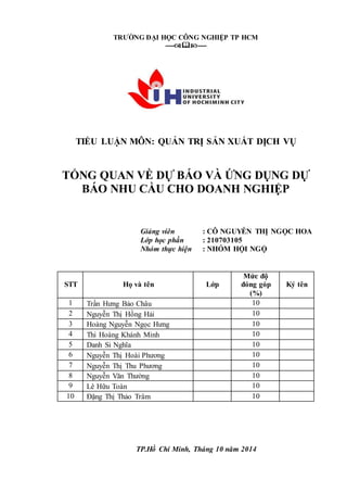 TRƯỜNG ĐẠI HỌC CÔNG NGHIỆP TP HCM
--------
TIỂU LUẬN MÔN: QUẢN TRỊ SẢN XUẤT DỊCH VỤ
TỔNG QUAN VỀ DỰ BÁO VÀ ỨNG DỤNG DỰ
BÁO NHU CẦU CHO DOANH NGHIỆP
Giảng viên : CÔ NGUYỄN THỊ NGỌC HOA
Lớp học phần : 210703105
Nhóm thực hiện : NHÓM HỘI NGỘ
STT Họ và tên Lớp
Mức độ
đóng góp
(%)
Ký tên
1 Trần Hưng Bảo Châu 10
2 Nguyễn Thị Hồng Hải 10
3 Hoàng Nguyễn Ngọc Hưng 10
4 Thi Hoàng Khánh Minh 10
5 Danh Si Nghĩa 10
6 Nguyễn Thị Hoài Phương 10
7 Nguyễn Thị Thu Phương 10
8 Nguyễn Văn Thường 10
9 Lê Hữu Toàn 10
10 Đặng Thị Thảo Trâm 10
TP.Hồ Chí Minh, Tháng 10 năm 2014
 