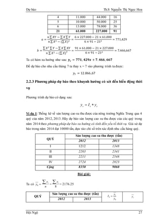 Dự báo Th.S Nguyễn Thị Ngọc Hoa
Hội Ngộ 27
4 11.000 44.000 16
5 10.000 50.000 25
6 13.000 78.000 36
21 61.000 227.000 91
𝑎 =
𝑛 ∑ 𝑋𝑌 − ∑ 𝑋 ∑ 𝑌
𝑛 ∑ 𝑋2 − (∑ 𝑋)2
=
6 × 227.000 − 21 × 61.000
6 × 91 − 212
= 771,429
𝑏 =
∑ 𝑋2 ∑ 𝑌 − ∑ 𝑋 ∑ 𝑋𝑌
𝑛 ∑ 𝑋2 − (∑ 𝑋)
2 =
91 × 61.000 − 21 × 227.000
6 × 91 − 212
= 7.466,667
Ta có hàm xu hướng như sau: 𝒚 𝒄 = 𝟕𝟕𝟏, 𝟒𝟐𝟗𝒙 + 𝟕. 𝟒𝟔𝟔, 𝟔𝟔𝟕
Để dự báo cho nhu cầu tháng 7 ta thay x = 7 vào phương trình ta được:
𝑦7 = 12.866,67
2.2.3 Phương pháp dự báo theo khuynh hướng có xét đến biến động thời
vụ
Phương trình dự báo có dạng sau:
css yIy 
Ví dụ 1: Thống kê về sản lượng cao su thu được của nông trường Nghĩa Trung qua 4
quý của năm 2012, 2013. Hãy dự báo sản lượng cao su thu được của các quý trong
năm 2014 theo phương pháp dự báo xu hướng có tính đến yếu tố thời vụ. Giả sử dự
báo trong năm 2014 đạt 10000 tấn, dựa vào chỉ số trên xác định nhu cầu hàng quý.
QUÝ
Sản lượng cao su thu được (tấn)
2012 2013
I 1212 1348
II 2203 2341
III 2211 2548
IV 2724 2823
Cộng 8350 9060
Bài giải:
Ta có 0y
8
  ii y
n
y
= 2176.25
QUÝ
Sản lượng cao su thu được (tấn)
0
1
y
y
IS  1y
2012 2013
 