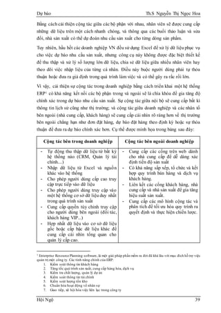 Dự báo Th.S Nguyễn Thị Ngọc Hoa
Hội Ngộ 39
Bằng cách cải thiện cộng tác giữa các bộ phận với nhau, nhân viên sẽ được cung cấp
những dữ liệu trên một cách nhanh chóng, và thông qua các buổi thảo luận và sửa
đổi, nhà sản xuất có thể dự đoán nhu cầu sản xuất cho từng dòng sản phẩm.
Tuy nhiên, hầu hết các doanh nghiệp VN đều sử dụng Excel để xử lý dữ liệu phục vụ
cho việc dự báo nhu cầu sản xuất, nhưng công cụ này không được đặc biệt thiết kế
để thu thập và xử lý số lượng lớn dữ liệu, chia sẻ dữ liệu giữa nhiều nhân viên hay
theo dõi việc nhập liệu của từng cá nhân. Điều này buộc người dùng phải tự thỏa
thuận hoặc đưa ra giả định trong quá trình làm việc và có thể gây ra rắc rối lớn.
Vì vậy, cải thiện sự cộng tác trong doanh nghiệp bằng cách triển khai một hệ thống
ERP1 có khả năng kết nối các bộ phận trong và ngoài sẽ là chìa khóa để gia tăng độ
chính xác trong dự báo nhu cầu sản xuất. Sự cộng tác giữa nội bộ sẽ cung cấp bất kì
thông tin lịch sử cũng như thị trường; và cộng tác giữa doanh nghiệp và các nhân tố
bên ngoài (nhà cung cấp, khách hàng) sẽ cung cấp cái nhìn rõ ràng hơn về thị trường
bên ngoài chẳng hạn như đơn đặt hàng, dự báo đặt hàng theo định kỳ hoặc sự thỏa
thuận để đưa ra dự báo chính xác hơn. Cụ thể được minh họa trong bảng sau đây:
Cộng tác bên trong doanh nghiệp Cộng tác bên ngoài doanh nghiệp
- Tự động thu thập dữ liệu từ bất kỳ
hệ thống nào (CRM, Quản lý tài
chính....)
- Nhập dữ liệu từ Excel và nguồn
khác vào hệ thống
- Cho phép người dùng cấp cao truy
cập trực tiếp vào dữ liệu
- Cho phép người dùng truy cập vào
một hệ thống cơ sở dữ liệu duy nhất
trong quá trình sản xuất
- Cung cấp quyền tùy chỉnh truy cập
cho người dùng bên ngoài (đối tác,
khách hàng VIP...)
- Hợp nhất dữ liệu vào cơ sở dữ liệu
gốc hoặc cấp bậc dữ liệu khác để
cung cấp cái nhìn tổng quan cho
quản lý cấp cao.
- Cung cấp các cổng trên web dành
cho nhà cung cấp để dễ dàng xác
định tiến độ sản xuất
- Có khả năng sắp xếp, tổ chức và kết
hợp quy trình bán hàng và dịch vụ
khách hàng.
- Liên kết các cổng khách hàng, nhà
cung cấp và nhà sản xuất để gia tăng
hiệu suất sản xuất.
- Cung cấp các mô hình cộng tác và
phân tích để tối ưu hóa quy trình ra
quyết định và thực hiện chiến lược.
1 Enterprise Resource Planning software, là một giải pháp phần mềm ra đời đã khá lâu với mục đích hỗ trợ việc
quản trị một công ty. Các tính năng chính của ERP:
1. Kiểm soát thông tin khách hàng
2. Tăng tốc quá trình sản xuất, cung cấp hàng hóa, dịch vụ
3. Kiểm tra chất lượng, quản lý dự án
4. Kiểm soát thông tin tài chính
5. Kiểm soát lượng tồn kho
6. Chuẩn hóa hoạt động về nhân sự
7. Giao tiếp, xã hội hóa việc liên lạc trong công ty
 