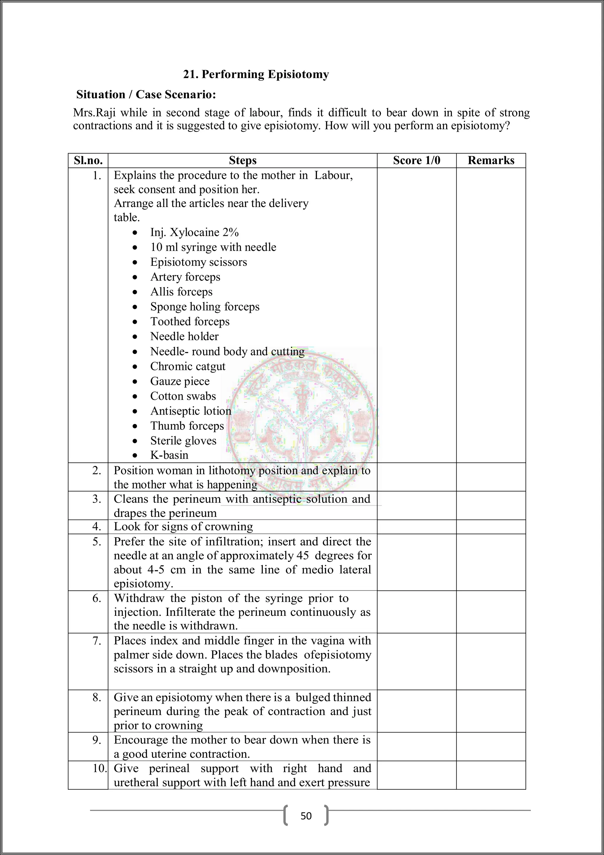 21. Performing Episiotomy
Situation / Case Scenario:
Mrs.Raji while in second stage of labour, finds it difficult to bear down in spite of strong
contractions and it is suggested to give episiotomy. How will you perform an episiotomy?
Sl.no. Steps Score 1/0 Remarks
1. Explains the procedure to the mother in Labour,
seek consent and position her.
Arrange all the articles near the delivery
table.
 Inj. Xylocaine 2%
 10 ml syringe with needle
 Episiotomy scissors
 Artery forceps
 Allis forceps
 Sponge holing forceps
 Toothed forceps
 Needle holder
 Needle- round body and cutting
 Chromic catgut
 Gauze piece
 Cotton swabs
 Antiseptic lotion
 Thumb forceps
 Sterile gloves
 K-basin
2. Position woman in lithotomy position and explain to
the mother what is happening
3. Cleans the perineum with antiseptic solution and
drapes the perineum
4. Look for signs of crowning
5. Prefer the site of infiltration; insert and direct the
needle at an angle of approximately 45 degrees for
about 4-5 cm in the same line of medio lateral
episiotomy.
6. Withdraw the piston of the syringe prior to
injection. Infilterate the perineum continuously as
the needle is withdrawn.
7. Places index and middle finger in the vagina with
palmer side down. Places the blades ofepisiotomy
scissors in a straight up and downposition.
8. Give an episiotomy when there is a bulged thinned
perineum during the peak of contraction and just
prior to crowning
9. Encourage the mother to bear down when there is
a good uterine contraction.
10. Give perineal support with right hand and
uretheral support with left hand and exert pressure
50
 